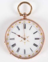 A 9ct gold cased keywind open faced lady's fob watch with unsigned gilt cylinder movement, base