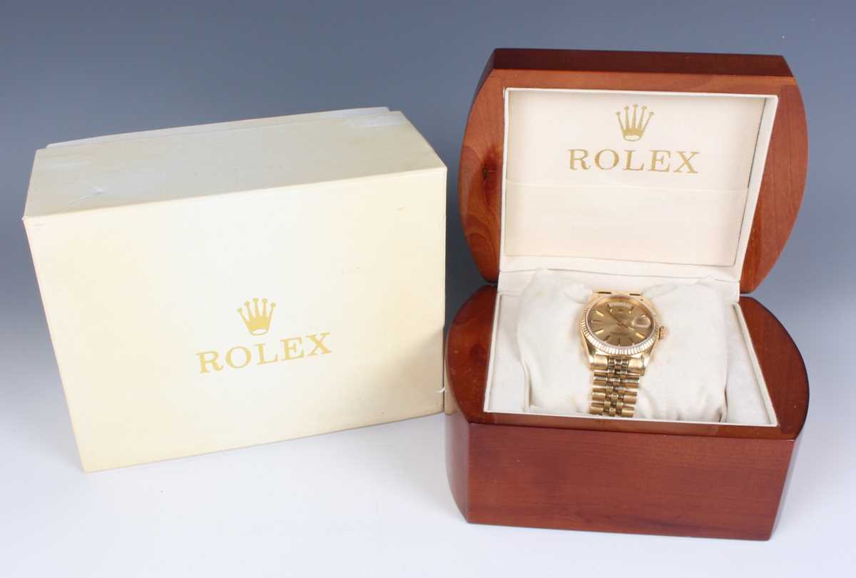 A Rolex Oyster Perpetual Day-Date 18ct gold gentleman's bracelet wristwatch, Ref. 18238, circa 1988, - Image 6 of 11