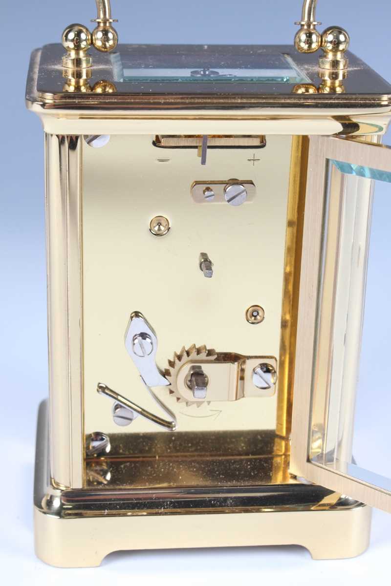Two late 20th century Halcyon Days lacquered brass and enamel corniche cased carriage timepieces, - Image 4 of 15