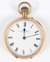 An 18ct gold cased keyless wind open-faced lady's fob watch, the gilt three-quarter plate movement