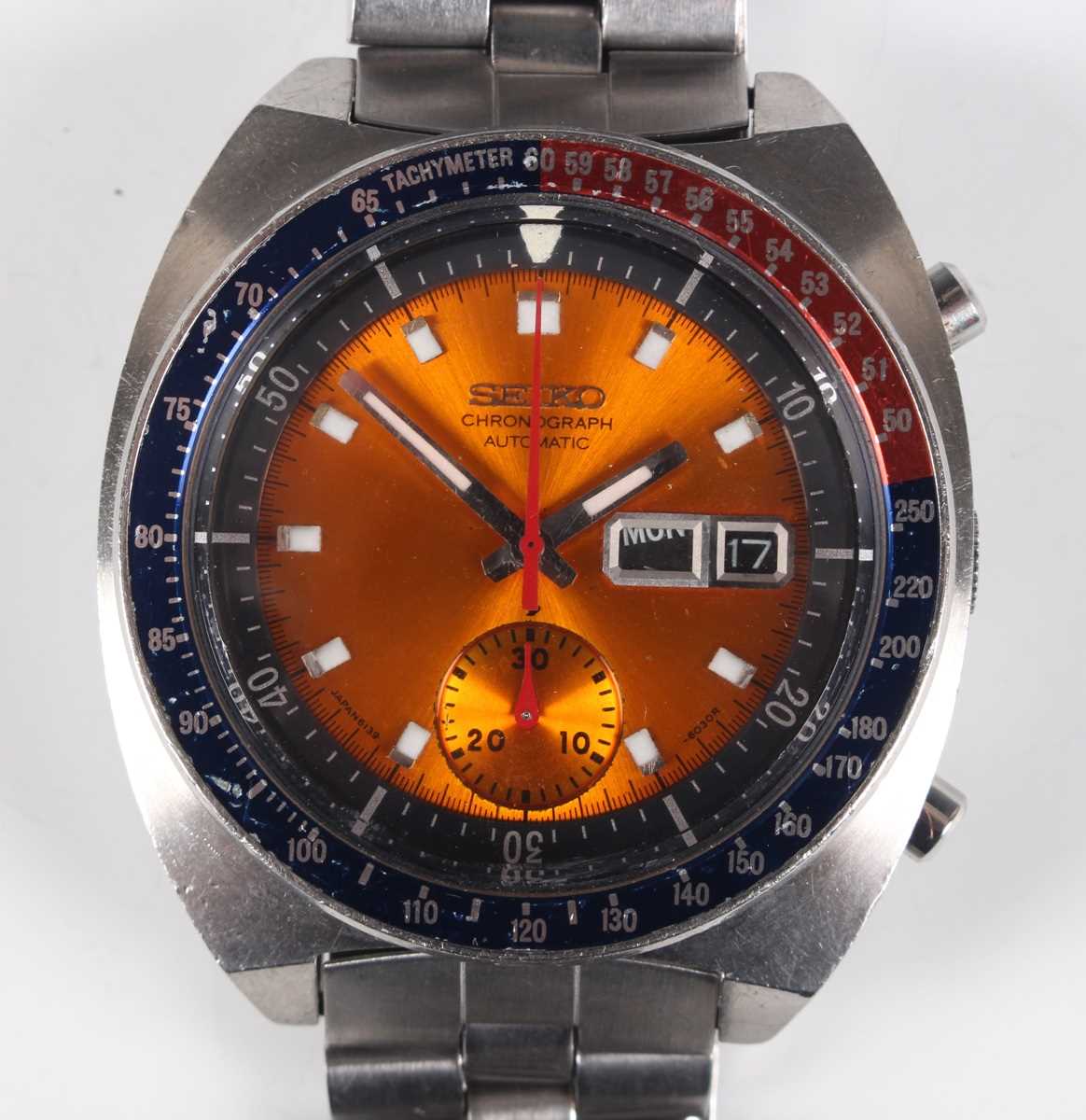 A Seiko 'Pogue' Chronograph Automatic stainless steel gentleman's bracelet wristwatch. Ref. 6139-