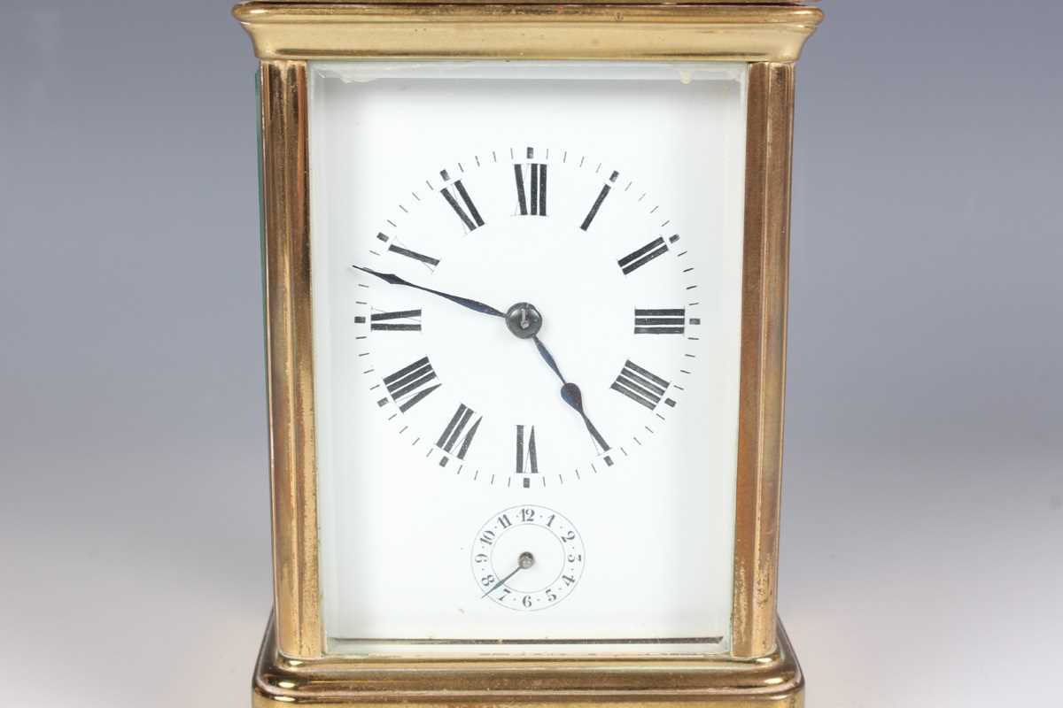 A late 19th century French lacquered brass corniche cased carriage alarm clock by E.G. Lamaille, the - Image 2 of 8