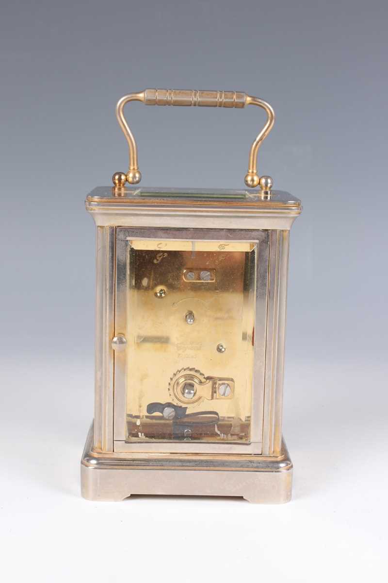 A late 20th century Garrard & Co plated brass corniche cased carriage timepiece, the signed white - Image 6 of 9
