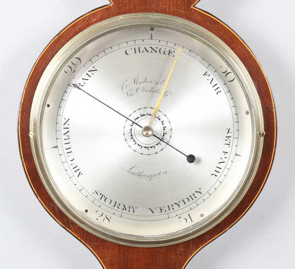 An early 19th century mahogany wheel barometer with silvered dial, inscribed 'Lione & Somalvico 14 - Image 5 of 7