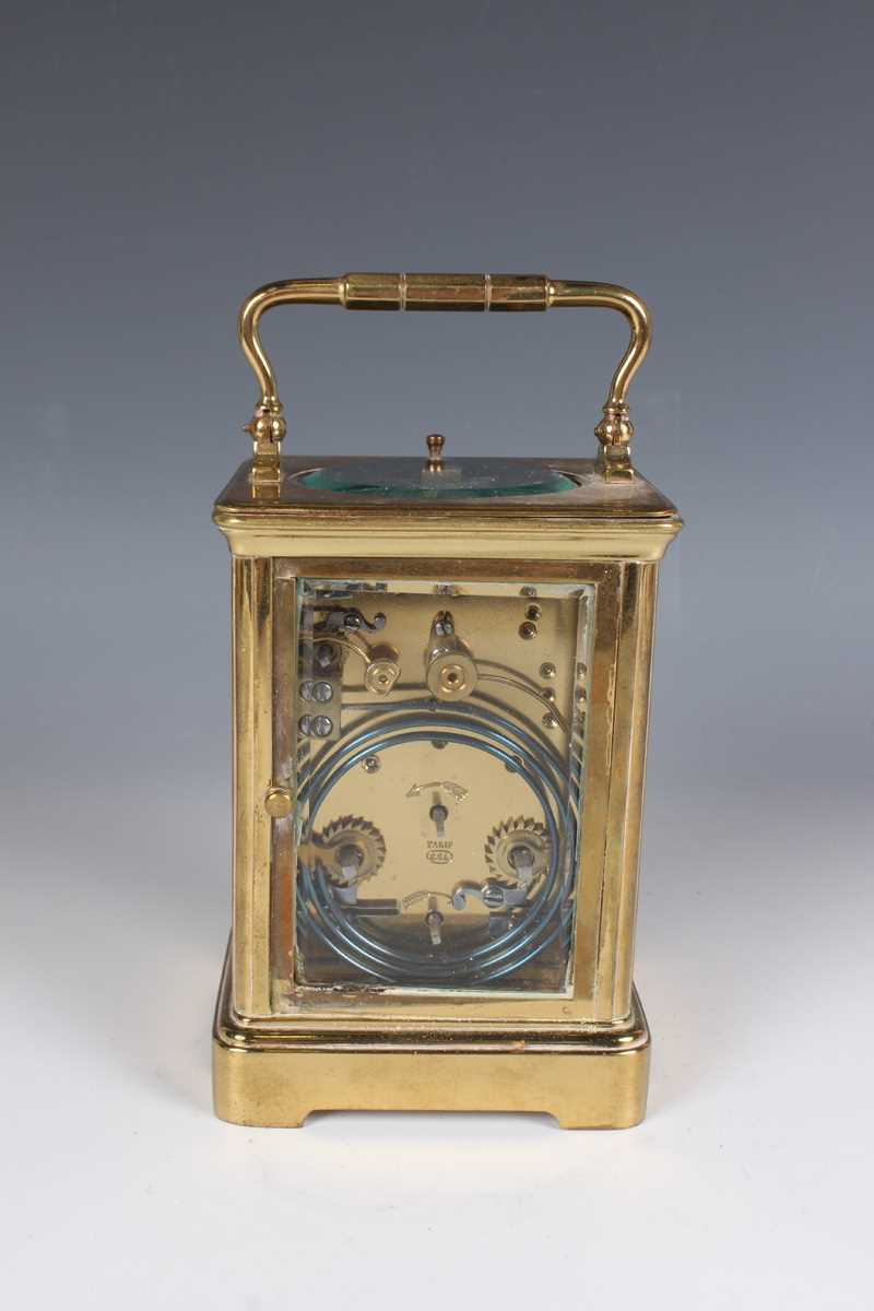 A late 19th century French lacquered brass corniche cased carriage alarm clock by E.G. Lamaille, the - Image 5 of 8