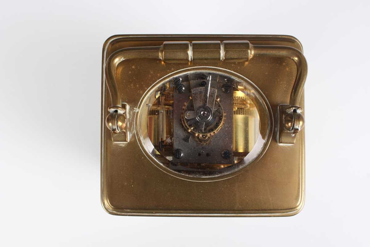 A late 19th century French brass corniche cased carriage clock with eight day movement striking on a - Image 7 of 8