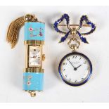 A Constantina gold and blue enamelled keyless wind pendant fob watch with unsigned jewelled