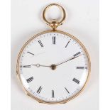 An 18ct gold cased and blue enamelled keywind open faced lady's fob watch with unsigned gilt