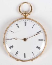 An 18ct gold cased and blue enamelled keywind open faced lady's fob watch with unsigned gilt
