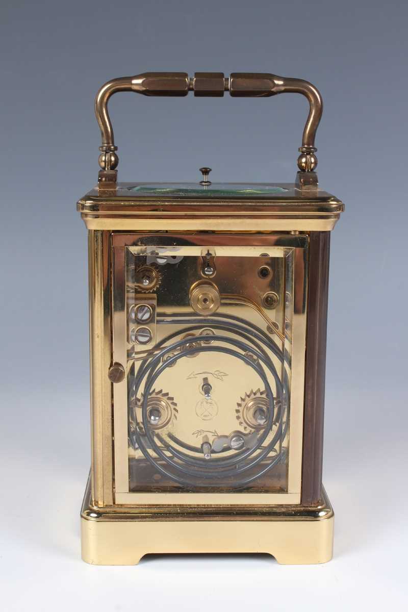 A late 20th century French lacquered brass corniche cased carriage alarm clock by L'Epée, the - Image 5 of 7