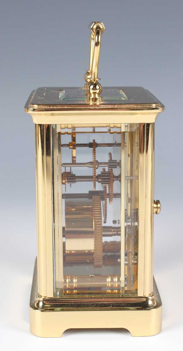 Two late 20th century Halcyon Days lacquered brass and enamel corniche cased carriage timepieces, - Image 5 of 15