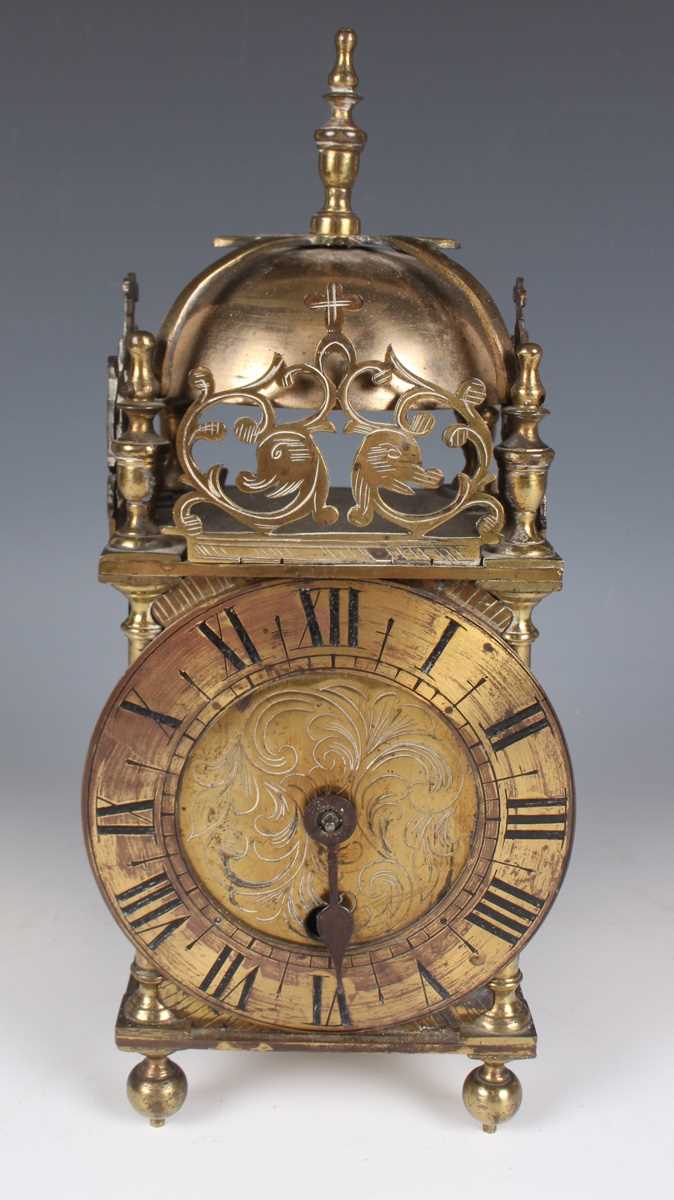 A mid-17th century style brass lantern timepiece with Coventry Astral movement, the chapter ring