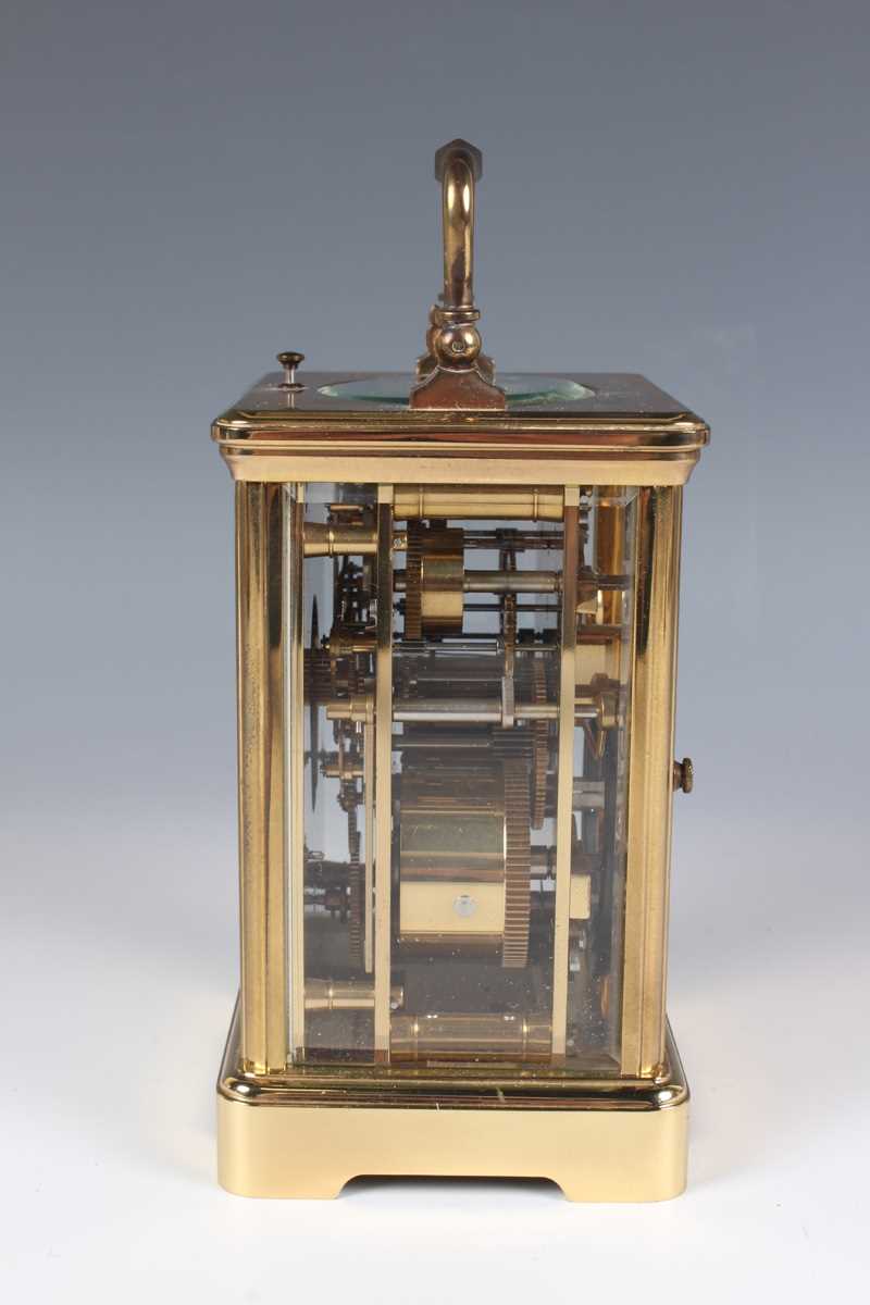 A late 20th century French lacquered brass corniche cased carriage alarm clock by L'Epée, the - Image 4 of 7