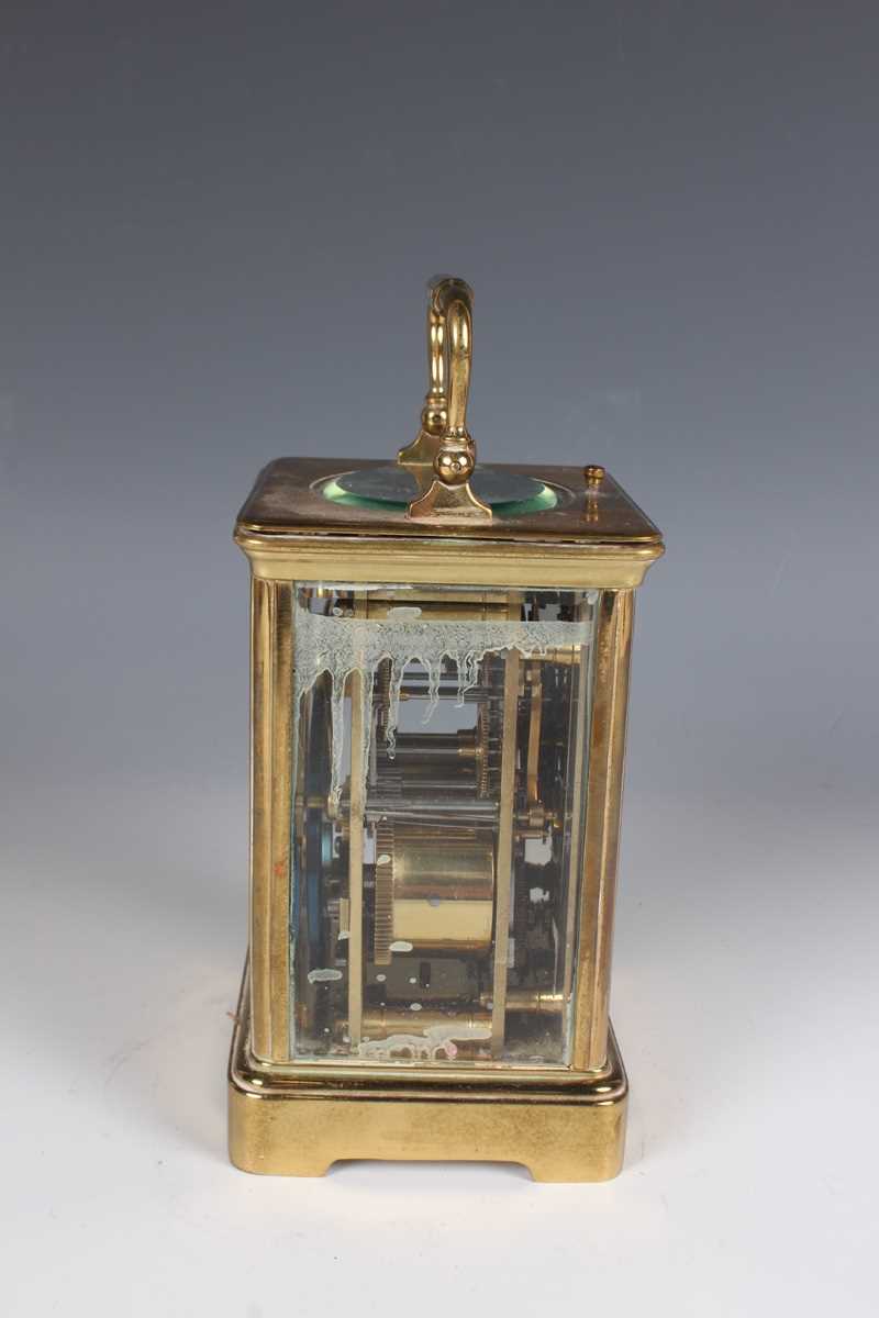 A late 19th century French lacquered brass corniche cased carriage alarm clock by E.G. Lamaille, the - Image 6 of 8