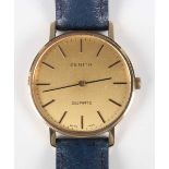 A Zenith Quartz 9ct gold circular cased gentleman’s wristwatch, the signed gilt dial with baton hour