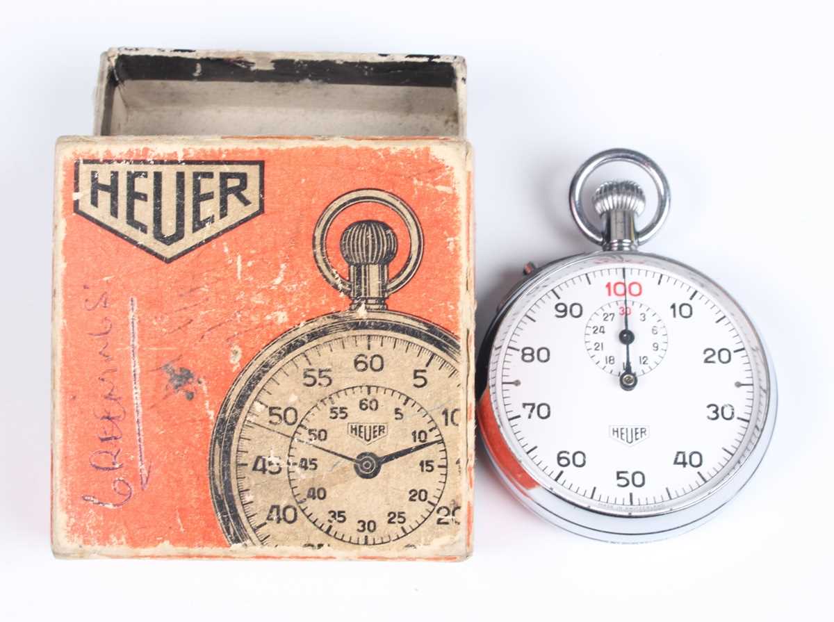 A Heuer chrome plated metal cased keyless wind open-faced stopwatch, the enamelled dial with outer - Image 3 of 3