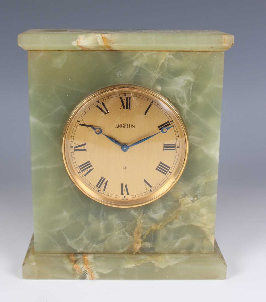 A Swiza gilt brass and red leather cased mantel alarm clock with eight day movement, the case with - Image 13 of 19