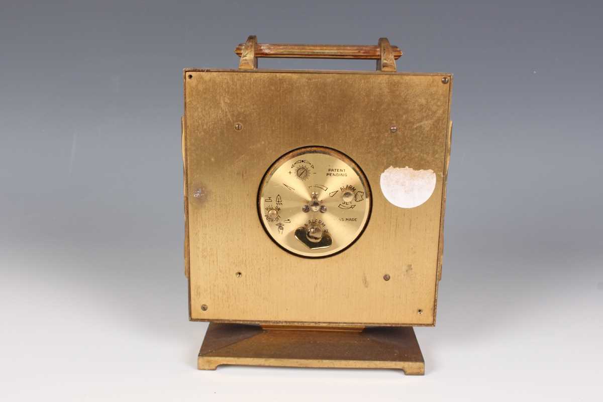 A Swiza gilt brass and red leather cased mantel alarm clock with eight day movement, the case with - Image 7 of 19