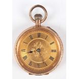 A gold cased keyless wind open-faced lady’s fob watch with unsigned gilt cylinder movement, base