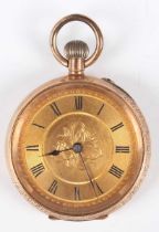 A gold cased keyless wind open-faced lady’s fob watch with unsigned gilt cylinder movement, base