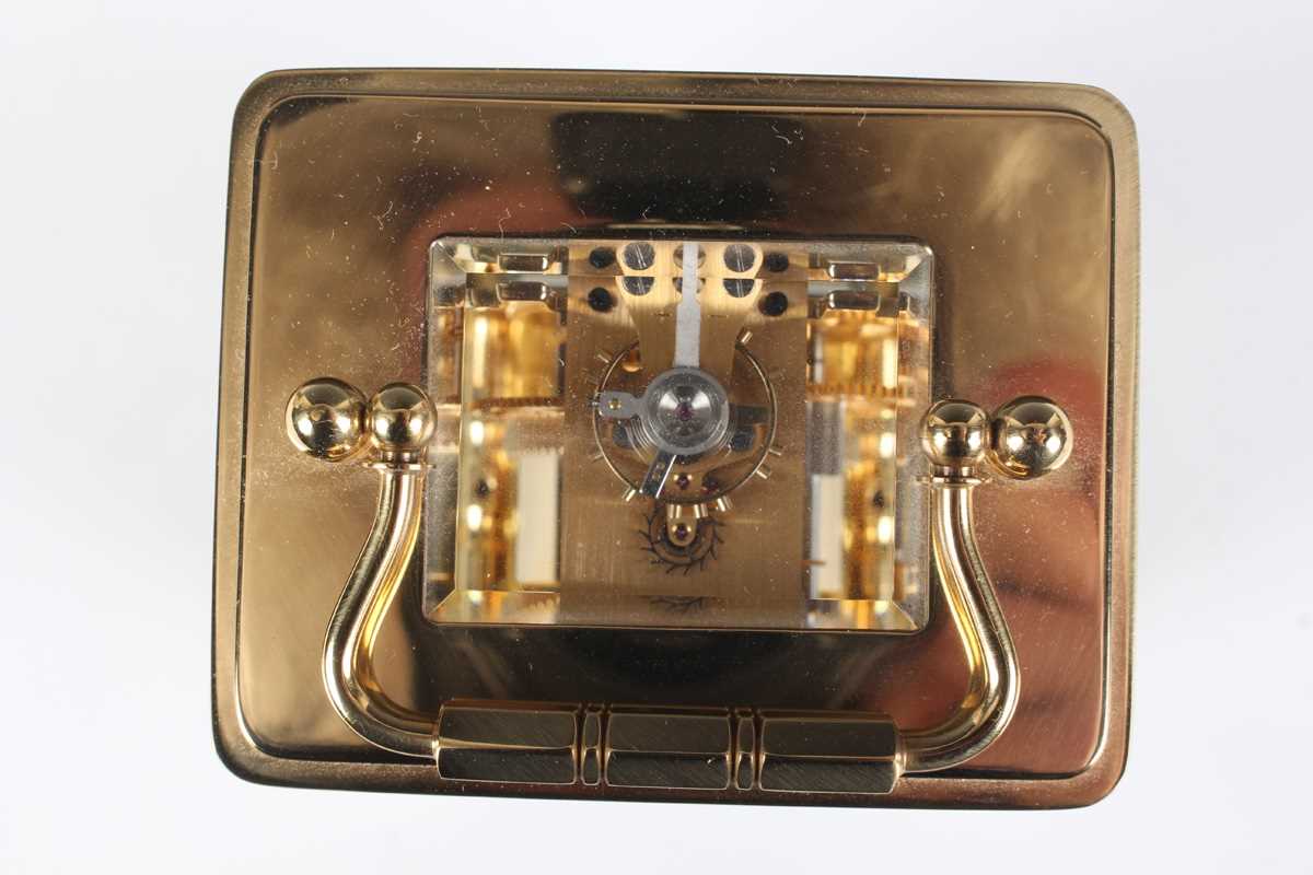 Two late 20th century Halcyon Days lacquered brass and enamel corniche cased carriage timepieces, - Image 15 of 15