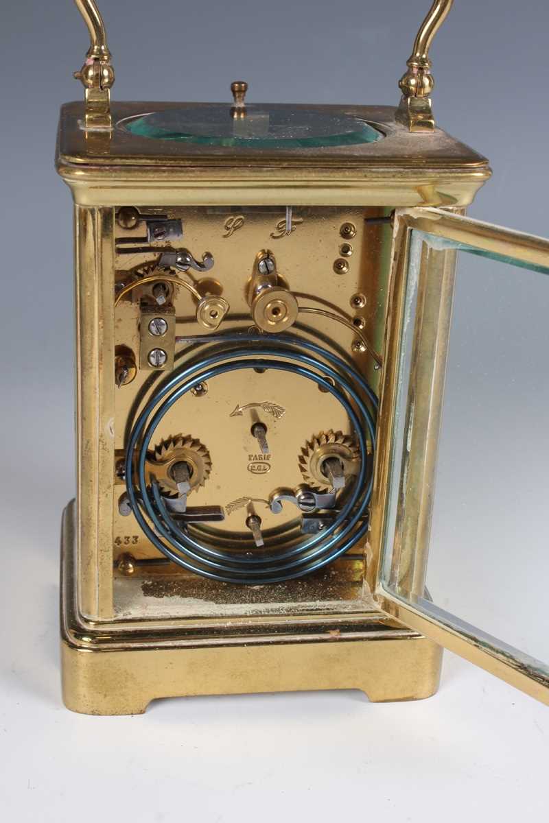 A late 19th century French lacquered brass corniche cased carriage alarm clock by E.G. Lamaille, the - Image 3 of 8