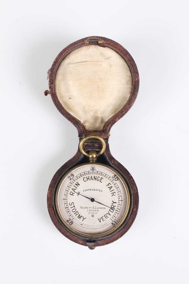 An early 20th century Negretti & Zambra lacquered brass cased pocket barometer, the signed - Image 4 of 13