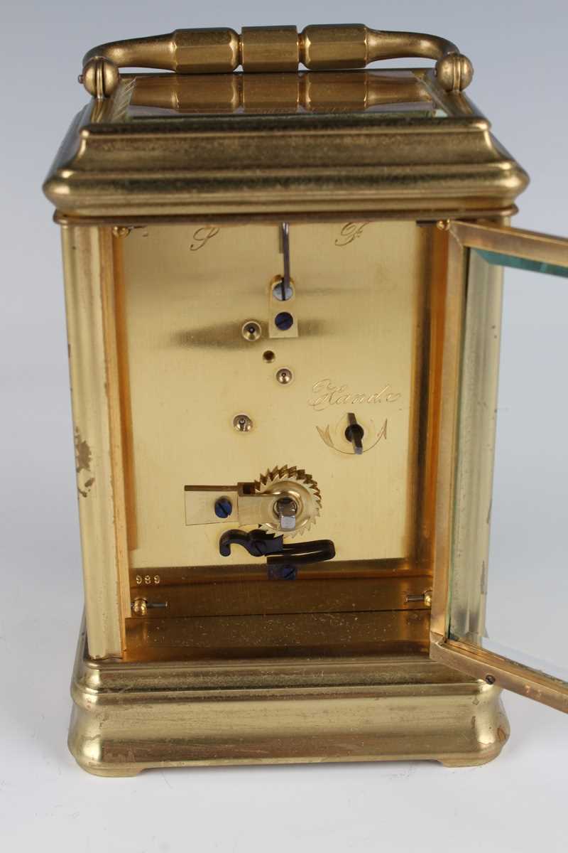 A late 19th century French lacquered brass carriage timepiece with eight day movement, the enamelled - Image 3 of 8