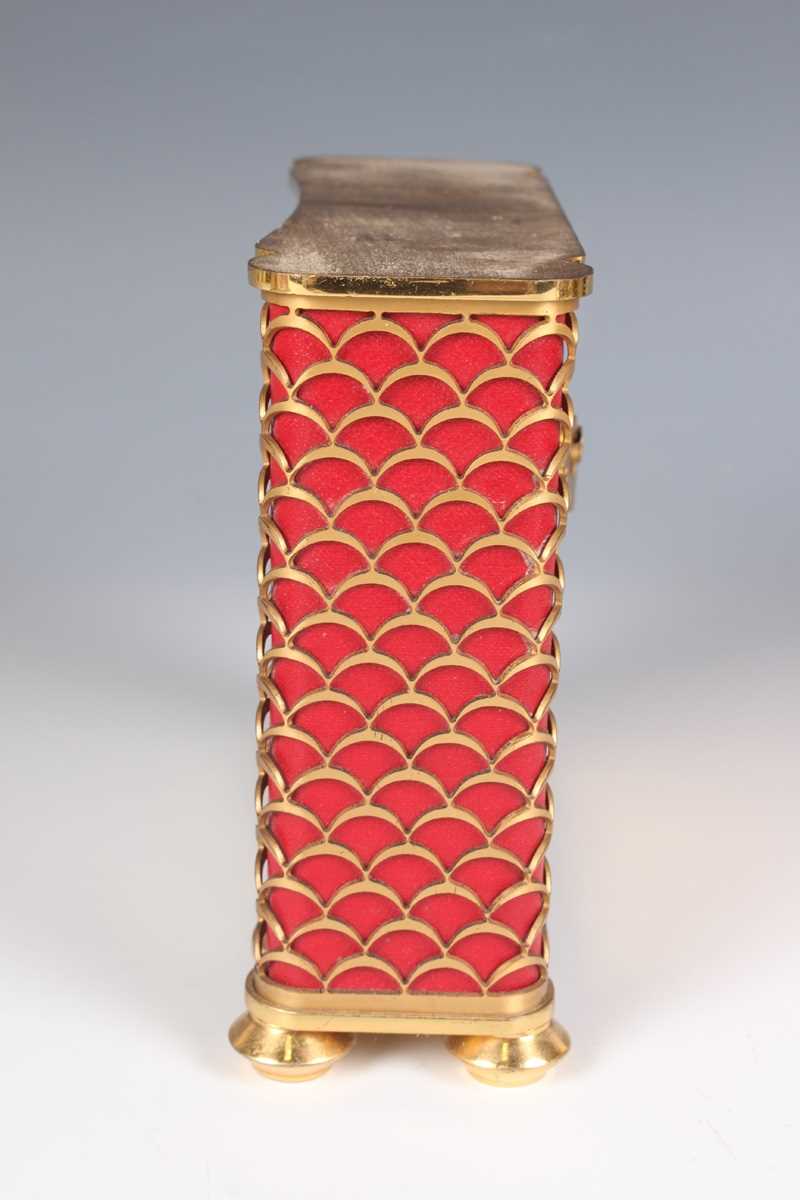 A Swiza gilt brass and red leather cased mantel alarm clock with eight day movement, the case with - Image 4 of 19