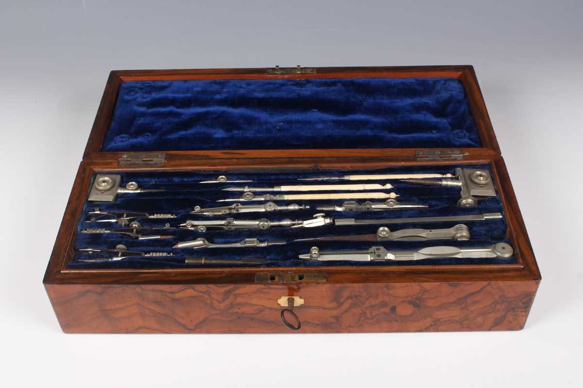 A late Victorian burr walnut drawing instrument box, fitted with two detachable trays containing - Image 2 of 7