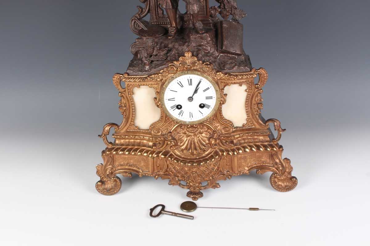 A mid to late 19th century French brown patinated and gilt spelter mantel clock, the eight day - Image 9 of 9