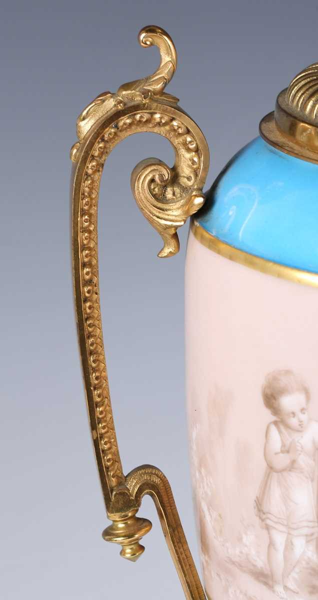 A pair of Sèvres style ormolu mounted porcelain lampbases, circa 1900, both painted with a sepia - Image 7 of 8