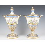 A pair of Continental porcelain Dresden type two-handled vases and covers, late 19th/early 20th