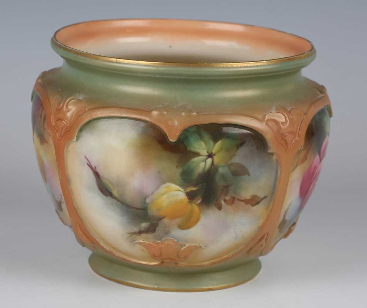 A Hadley Royal Worcester jardinière, dated 1903, painted with roses within relief borders against - Image 9 of 12