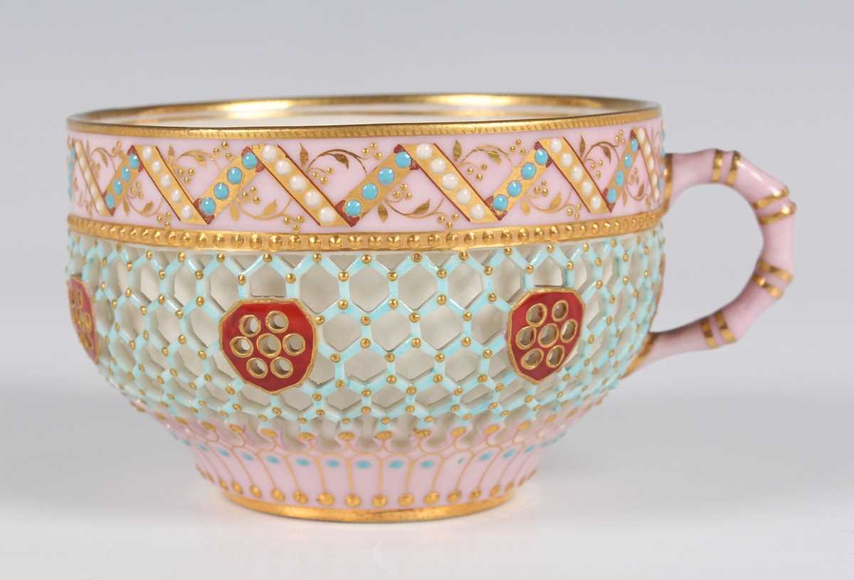 A pair of Royal Worcester reticulated cups and saucers, circa 1876, of double-walled construction, - Image 7 of 24