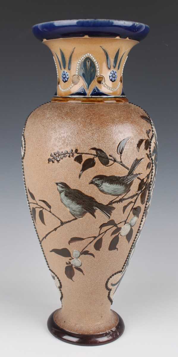 A large Doulton Lambeth stoneware vase, dated 1883, decorated by Florence Barlow, monogrammed, - Image 4 of 9