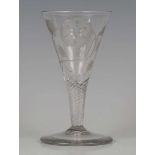 An engraved Jacobite type glass, mid to late 18th century, the drawn trumpet bowl engraved with a