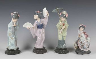Four Lladro Geisha figures, comprising Madame Butterfly, No. 4991, Sayonara, No. 4989, Oriental