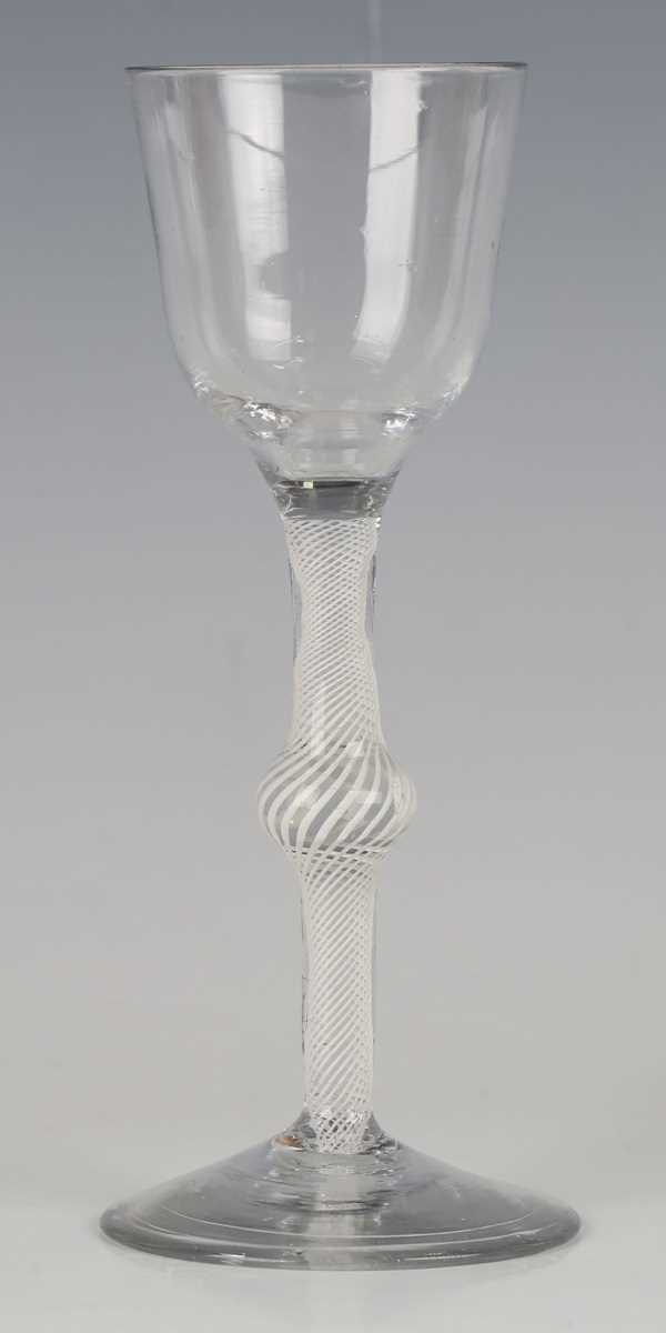 A pan-topped plain stem wine glass, circa 1740, with domed foot, height 16cm, together with two - Image 2 of 7