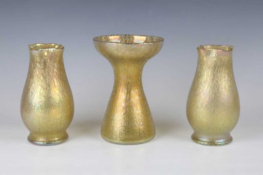 A pair of Loetz Candia Mimosa iridescent glass vases, early 20th century, the swollen bodies with - Image 1 of 10