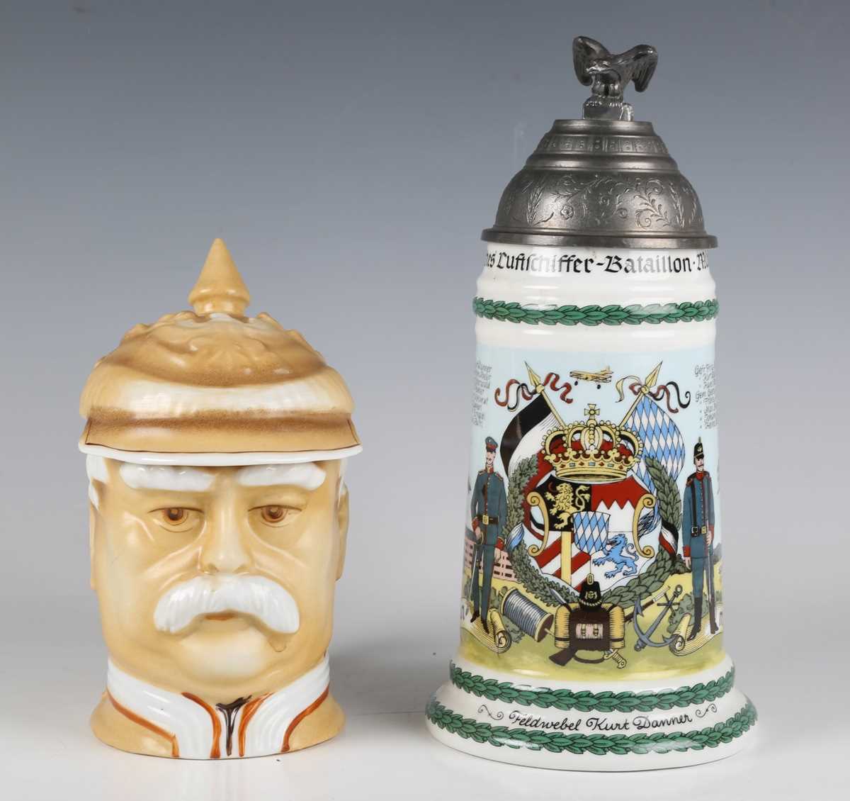 A German porcelain stein, modelled as the head of Otto von Bismarck, the hinged lid in the form of a - Image 2 of 11