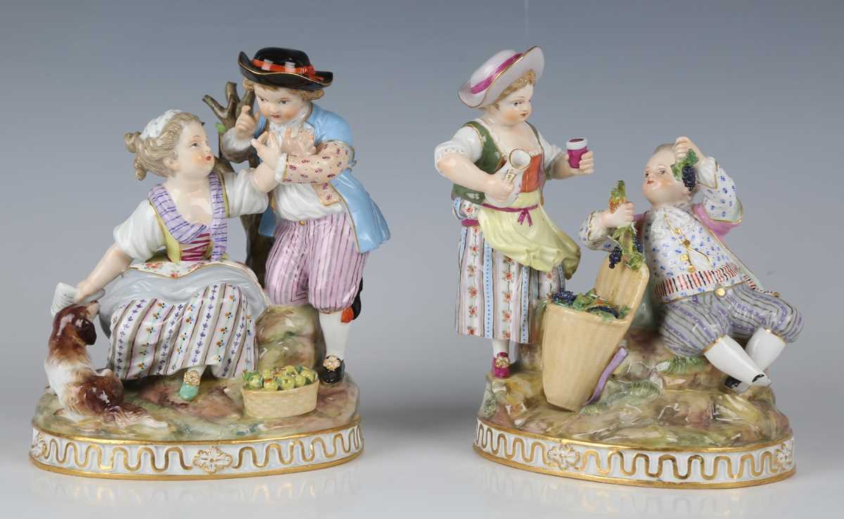 A pair of Meissen figure groups allegorical of Summer and Autumn, late 19th century, after the