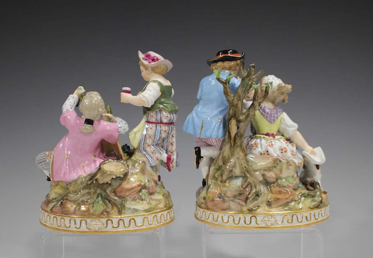 A pair of Meissen figure groups allegorical of Summer and Autumn, late 19th century, after the - Image 2 of 7
