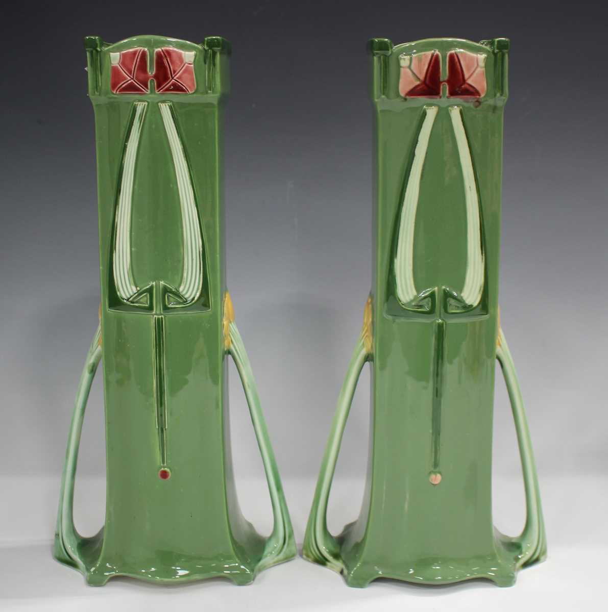 A pair of Secessionist Eichwald majolica vases, early 20th century, of square section flanked by - Image 2 of 13