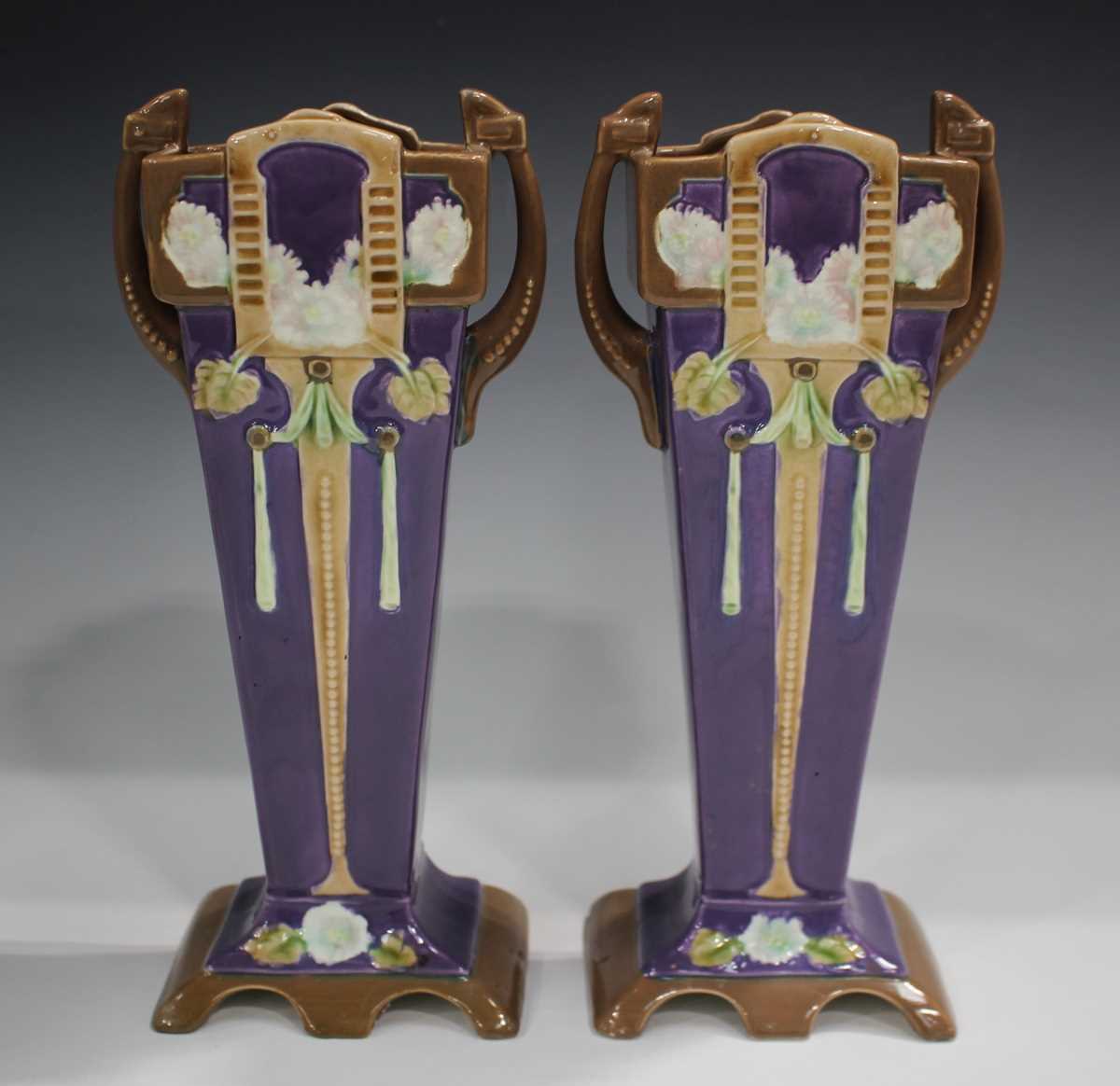A pair of Secessionist Eichwald majolica vases, early 20th century, of square section flanked by - Image 8 of 13