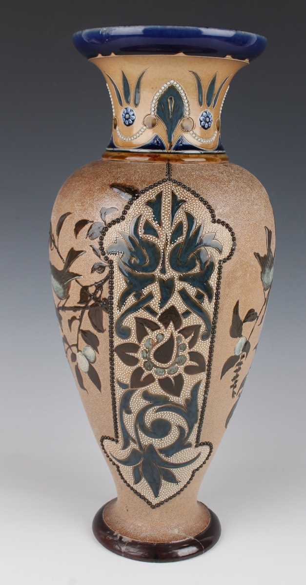 A large Doulton Lambeth stoneware vase, dated 1883, decorated by Florence Barlow, monogrammed, - Image 6 of 9