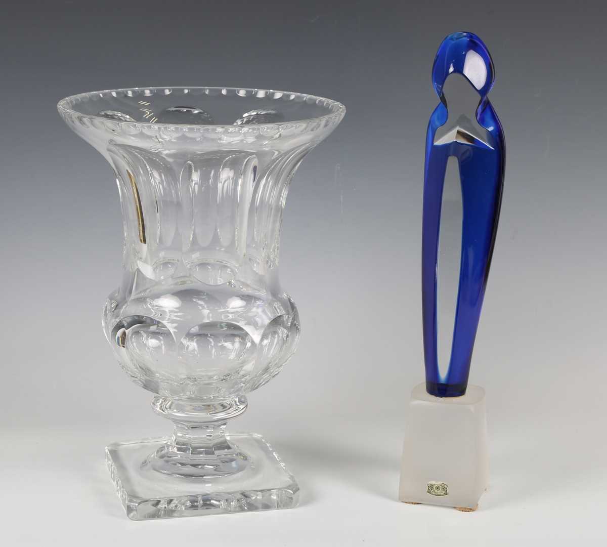 A Val St. Lambert blue flashed clear glass sculptural figure of the Madonna, raised on a frosted