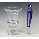 A Val St. Lambert blue flashed clear glass sculptural figure of the Madonna, raised on a frosted