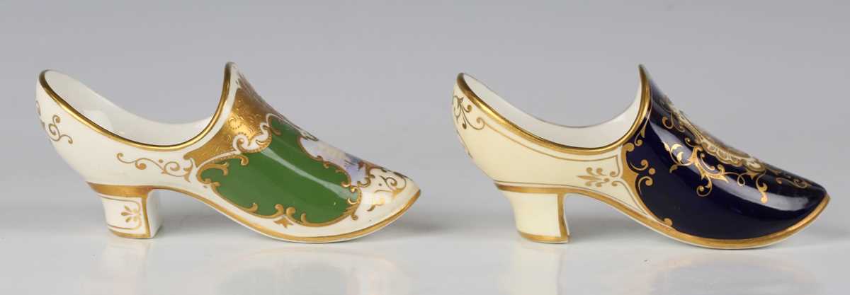 Two Coalport porcelain models of slippers or shoes, early 20th century, the first painted with a - Image 4 of 10