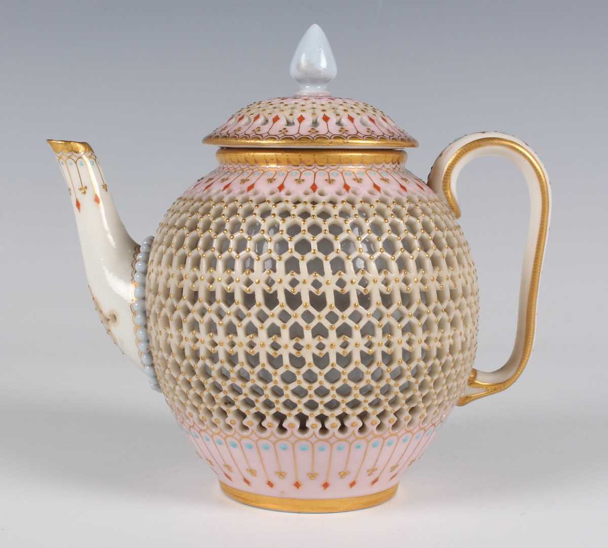 A fine Royal Worcester reticulated teapot and cover, in the manner of George Owen, dated 1876, the